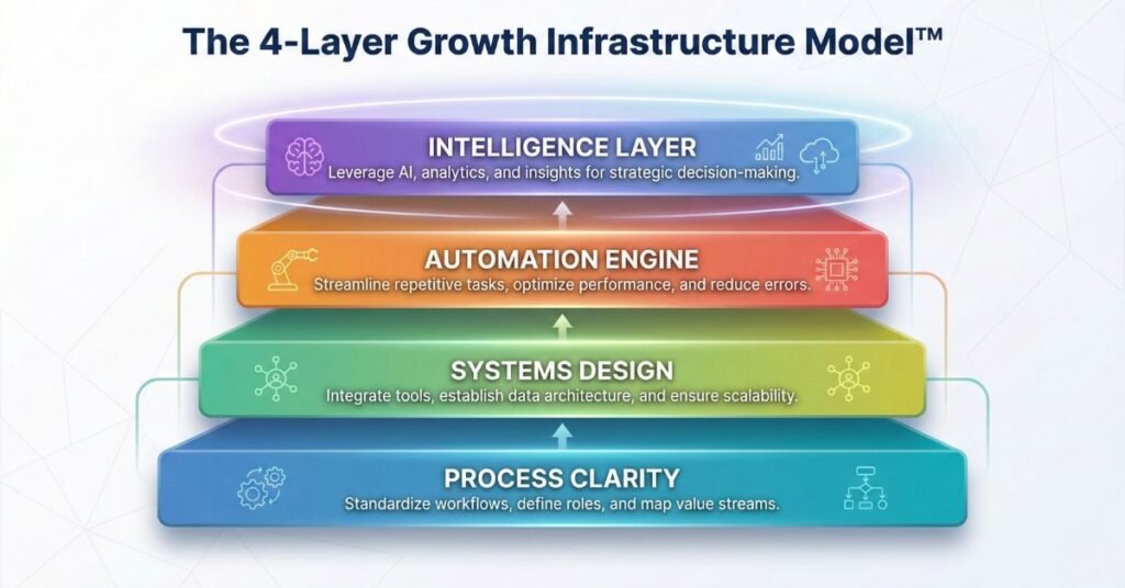 4-layer growth infrastructure model designed by Ales for scalable business automation systems