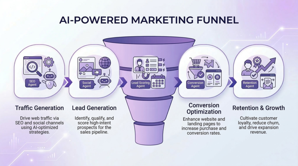 Marketing funnel showing how AI agents support traffic generation, lead generation, conversion optimization, and customer retention.