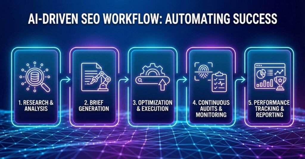AI driven SEO workflow automating research optimization and reporting
