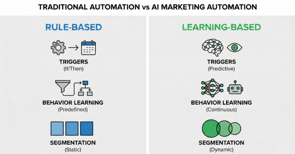 Comparison of AI marketing automation versus traditional automation.