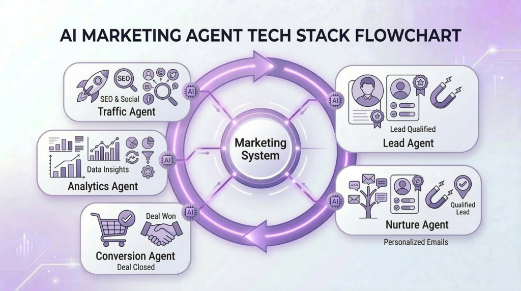 Flowchart showing an AI marketing engine with traffic agent, lead agent, nurture agent, conversion agent, and analytics agent working in a continuous loop.