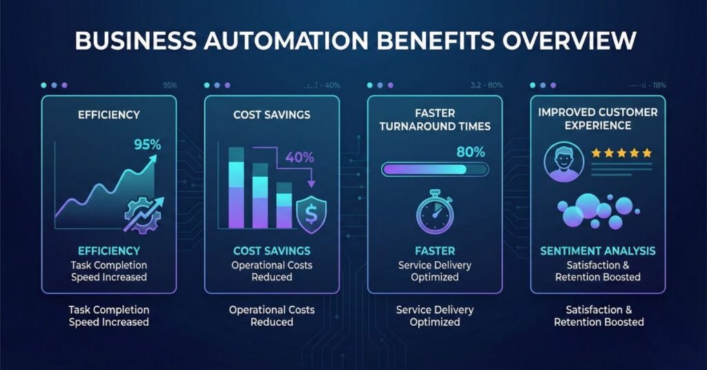 benefits of business automation including time savings, cost optimization, and scalable systems