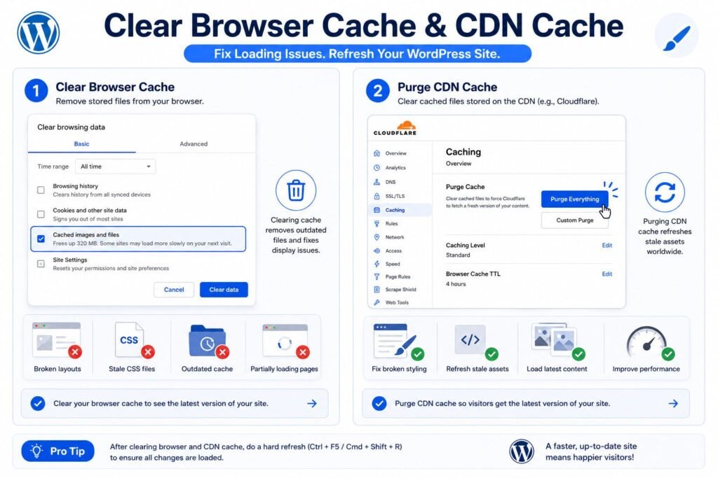 WordPress cache troubleshooting with browser cache clearing and Cloudflare CDN cache purge process