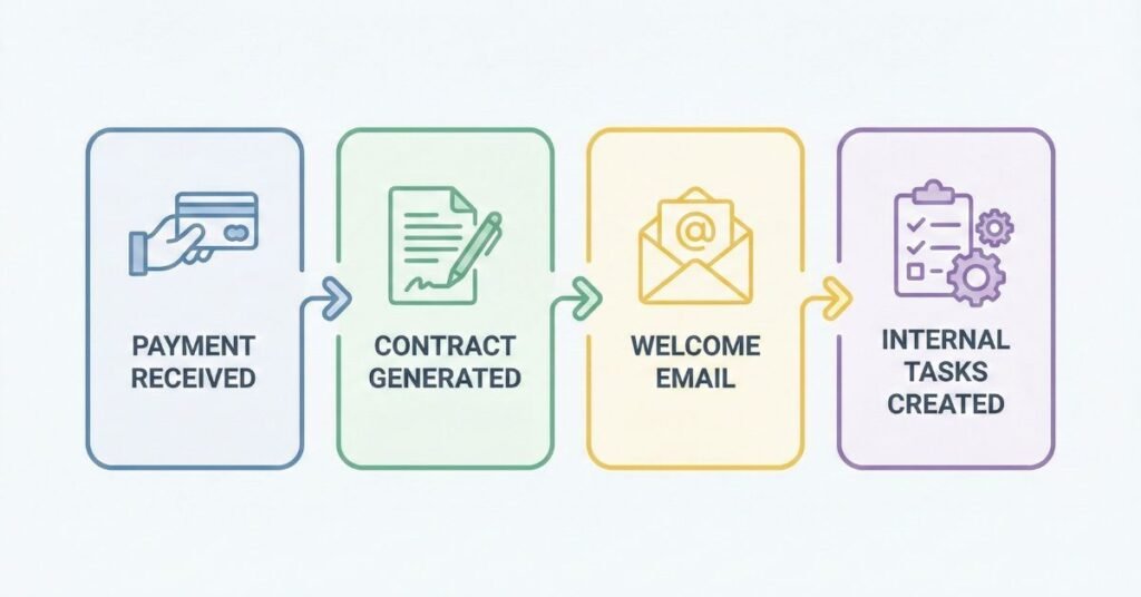 client onboarding automation showing payment contract welcome email and task creation