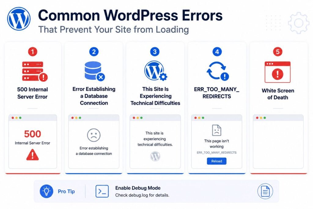 common WordPress website loading errors including 500 error, database connection issue, redirect loop, and white screen