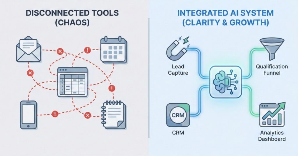 Integrated AI-powered sales funnel system compared to disconnected automation tools