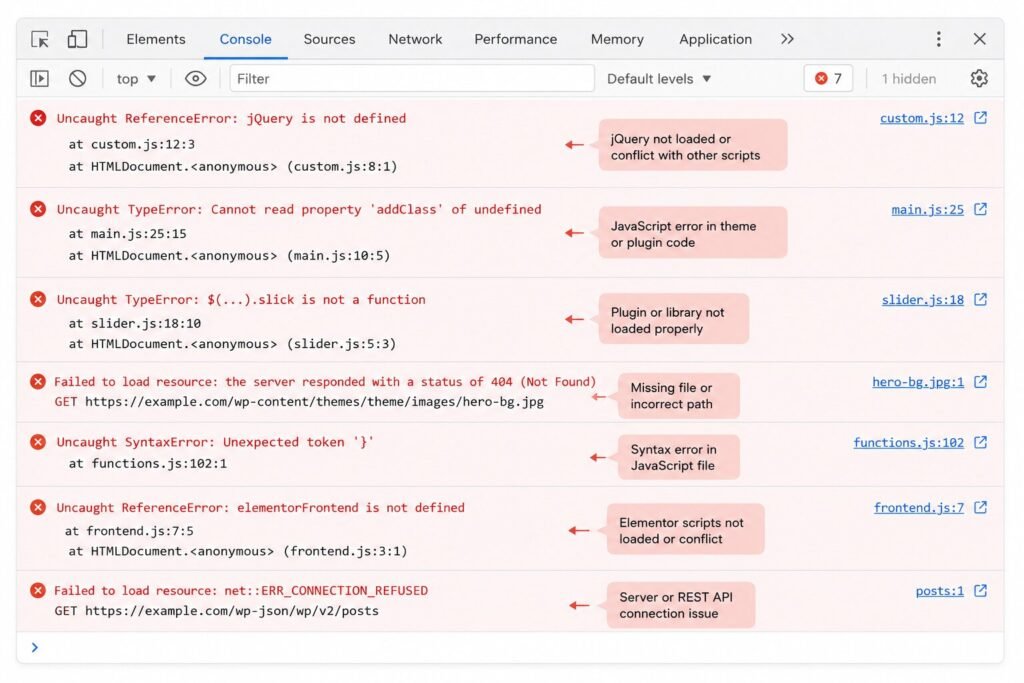 Browser console showing common JavaScript errors that prevent Elementor from loading