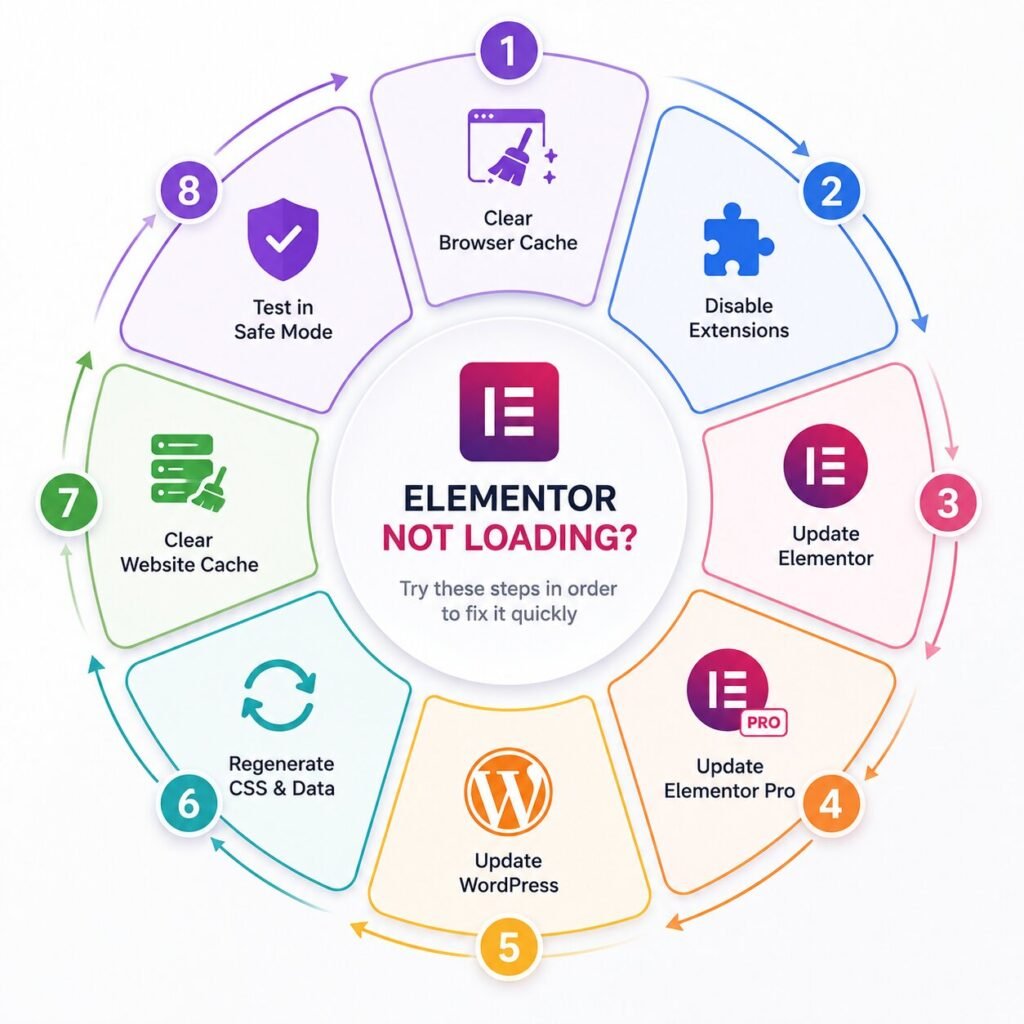 Visual checklist showing the first troubleshooting steps for Elementor loading issues