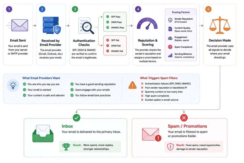 Diagram showing how Gmail, Outlook, and Yahoo evaluate WordPress emails before placing them in the inbox or spam.