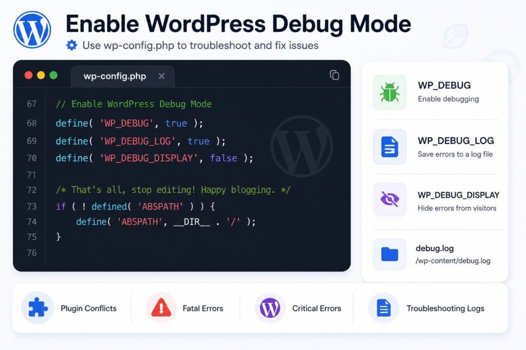 WordPress debug mode showing wp-config.php code and WP_DEBUG troubleshooting settings