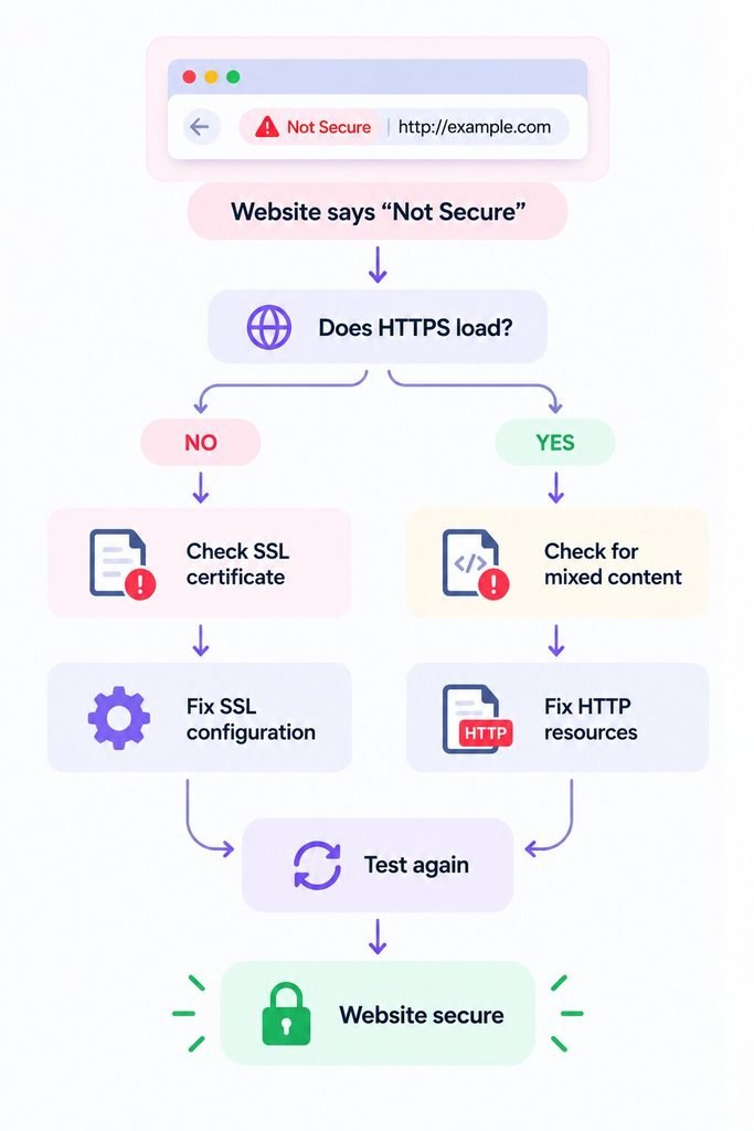 Website Not Secure troubleshooting flowchart