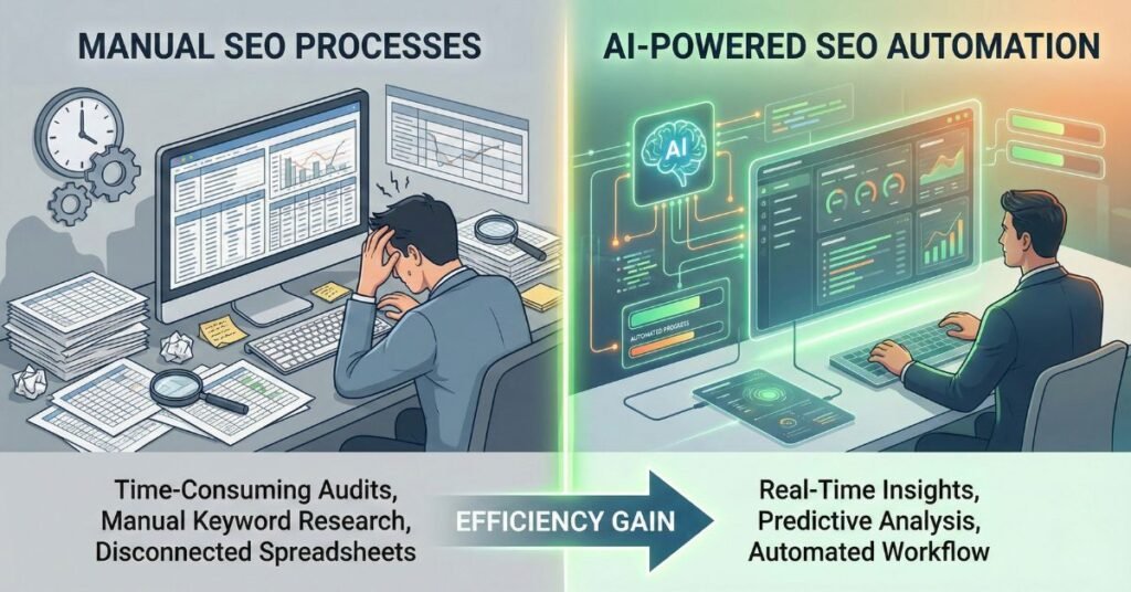 Manual SEO processes compared to AI powered SEO automation systems