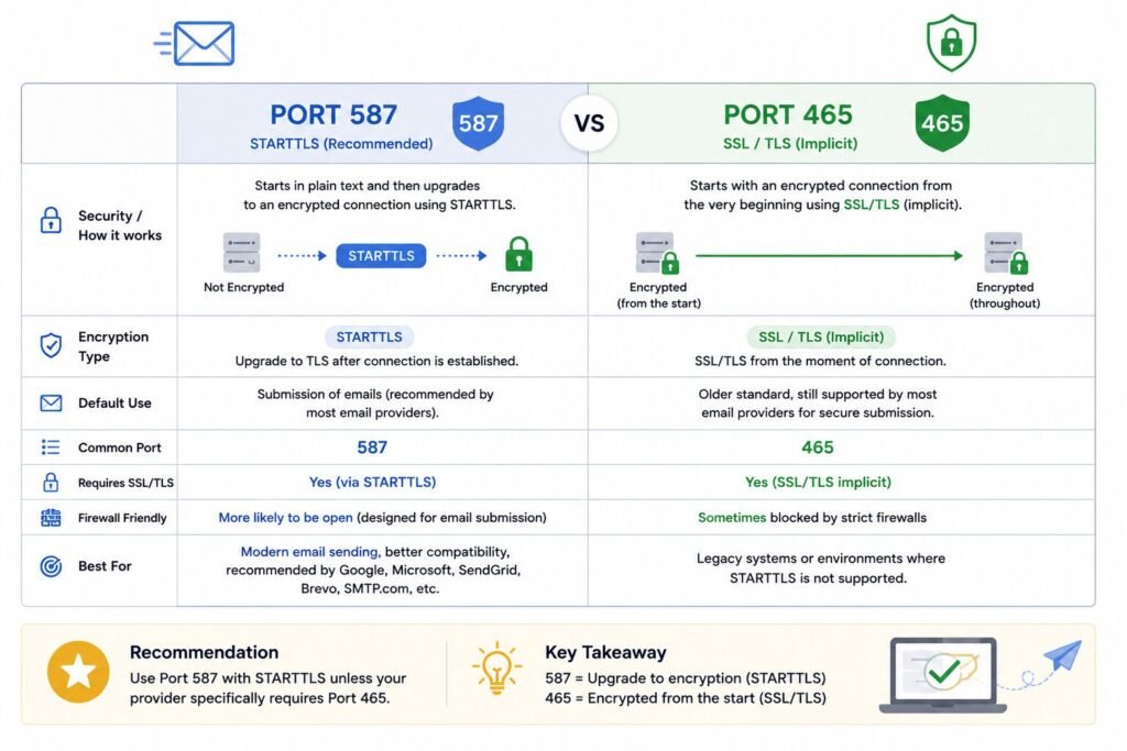 Comparison of SMTP Port 587 using TLS and Port 465 using SSL for WordPress email delivery.