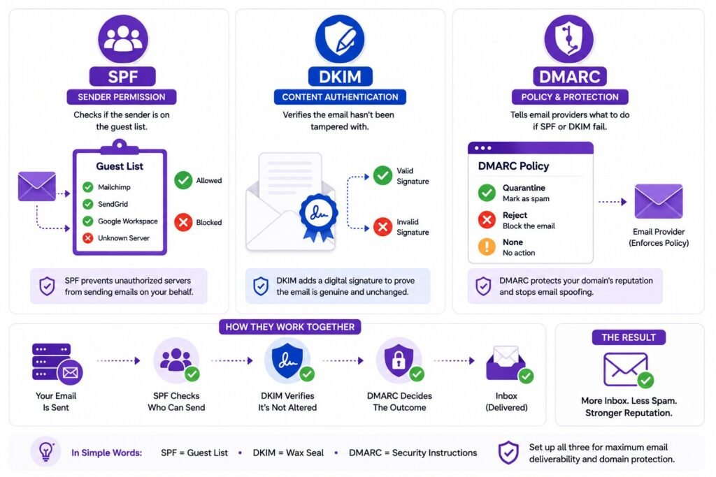 Infographic explaining SPF, DKIM, and DMARC using guest list, wax seal, and security instruction analogies.