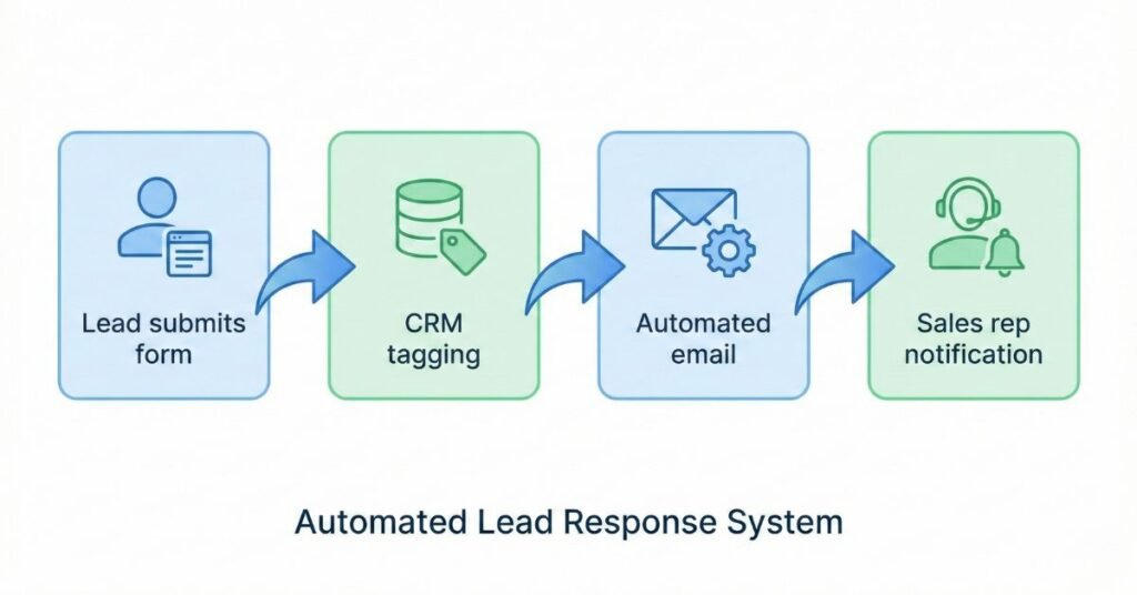 sales and marketing automation systems example showing lead capture tagging email sequence and rep notification