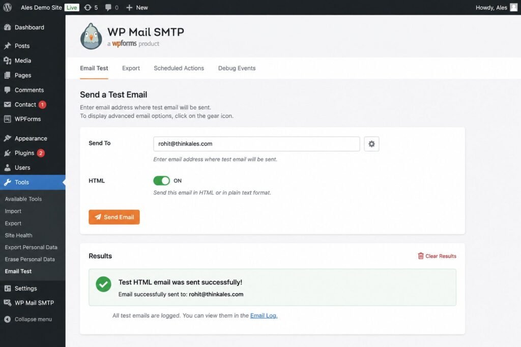 WP Mail SMTP Email Test tool inside the WordPress dashboard.