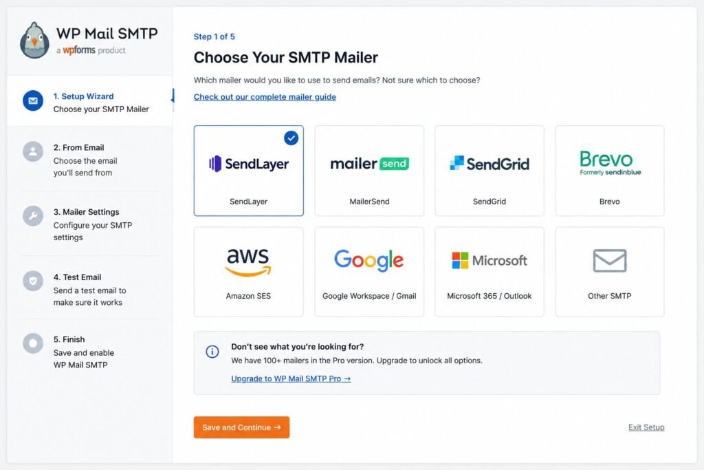 WP Mail SMTP setup wizard for connecting a WordPress website to an SMTP provider.