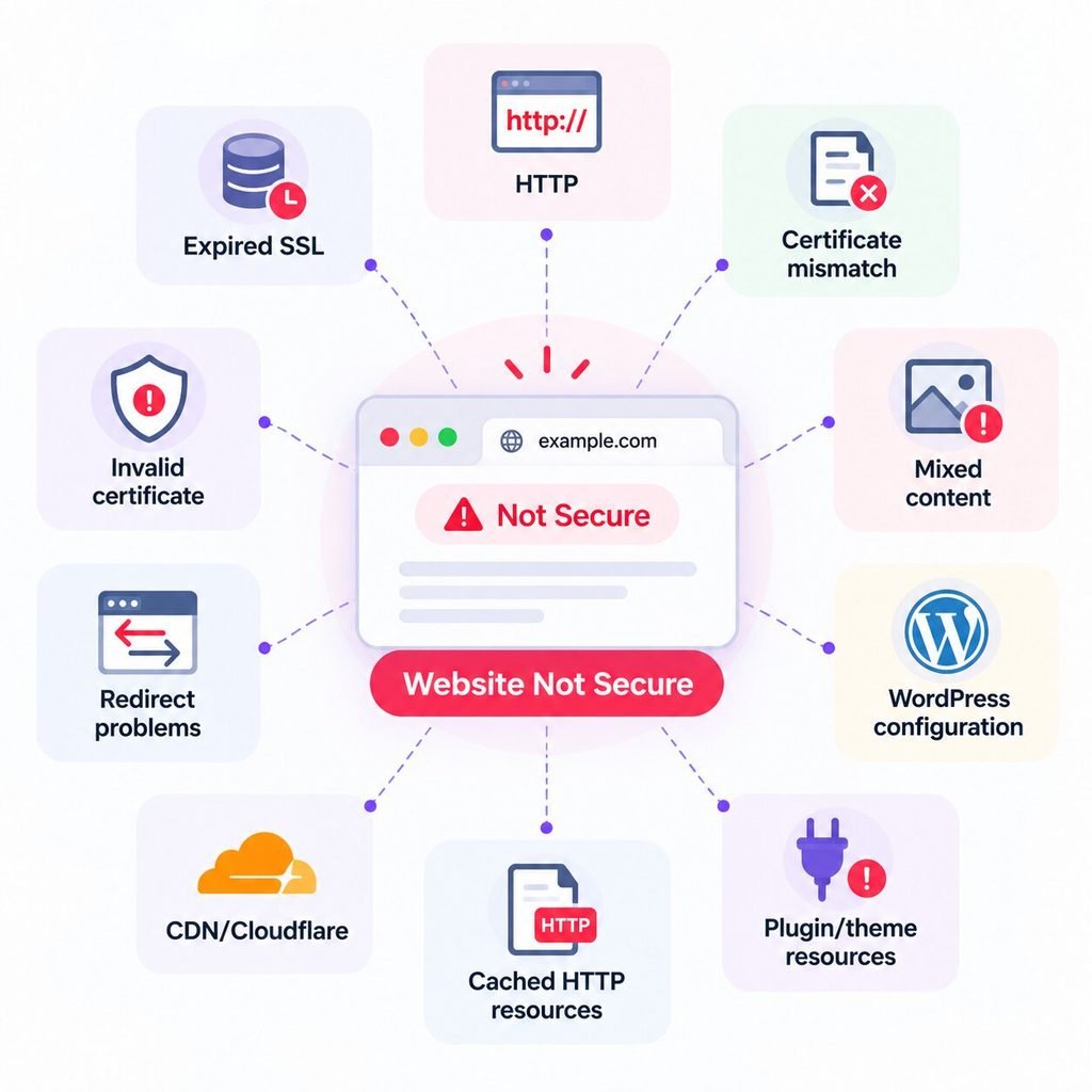 Common causes of a Not Secure website warning