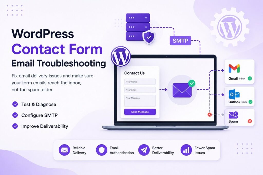 WordPress website sending contact form emails through SMTP with Gmail and Outlook inbox icons.