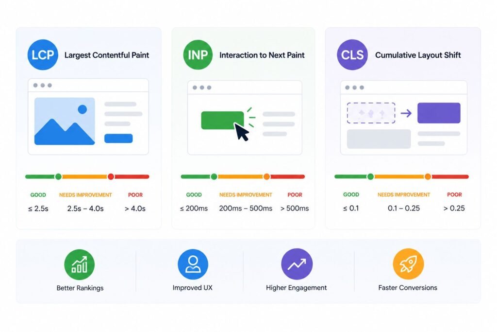 Core Web Vitals infographic showing LCP INP and CLS performance benchmarks for WordPress websites