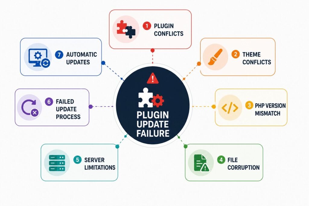 System map showing WordPress plugin update failure causes