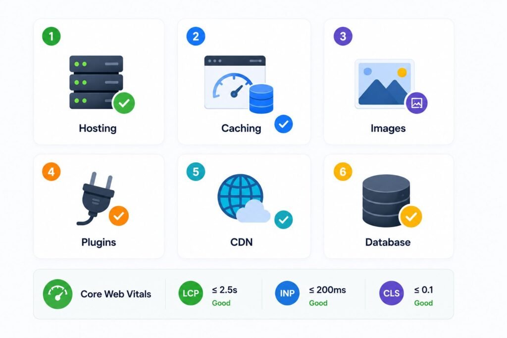 WordPress speed optimization checklist covering hosting caching images plugins CDN and Core Web Vitals