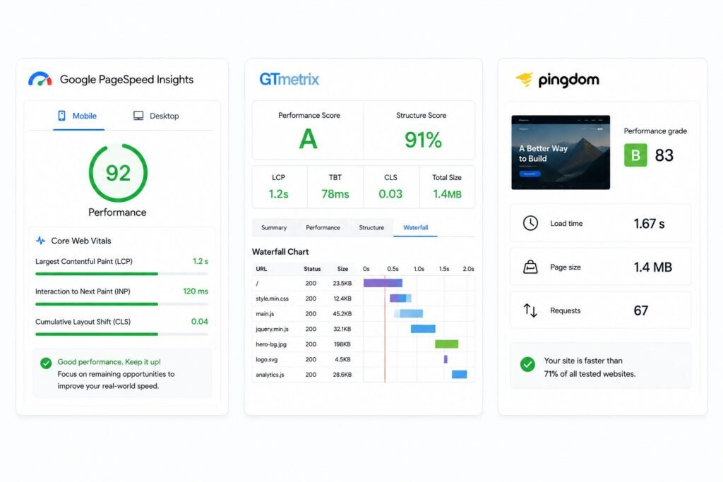 Google PageSpeed Insights and GTmetrix waterfall analysis for diagnosing slow WordPress website performance
