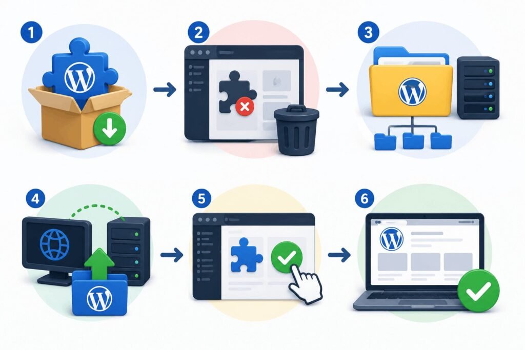 WordPress manual plugin update process showing downloading a clean plugin copy, deleting broken files, uploading via FTP, and restoring website functionality.