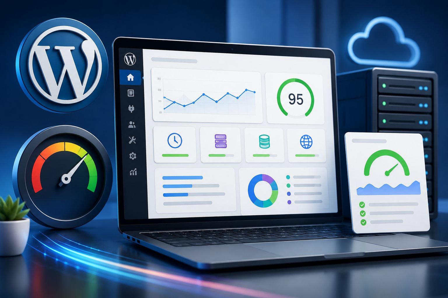 WordPress website speed optimization dashboard showing Core Web Vitals and performance metrics