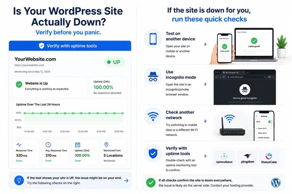 how to check if a WordPress website is actually down using uptime tools and multiple devices